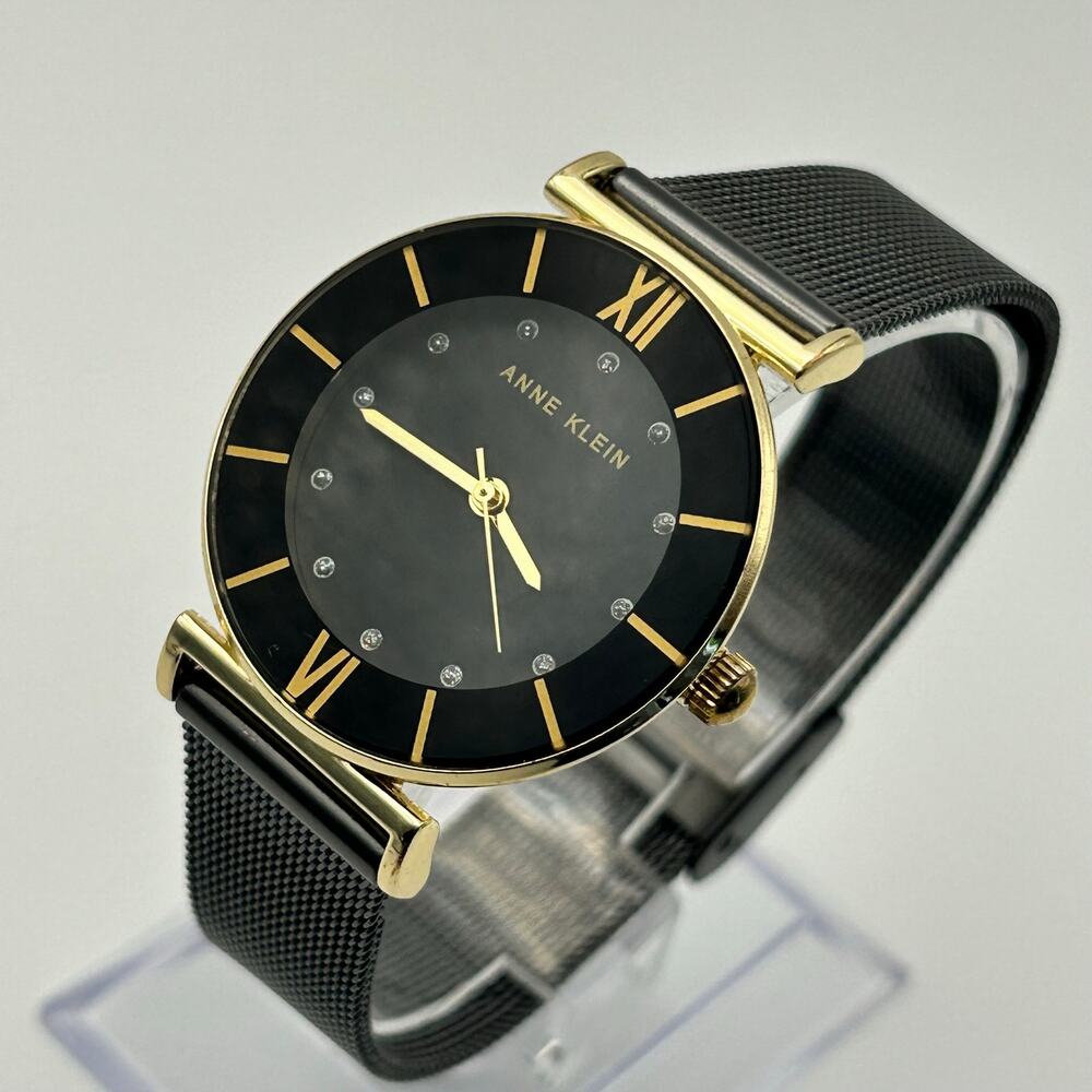 Anne Klein Gold Black St. Steel Mesh Band Women’s Watch Working New Battery
